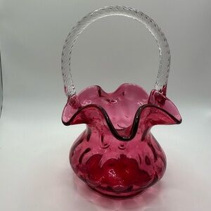 Fenton Glass Inverted Thumbprint Coin Spot Cranberry Basket Vase w/ Rope Handle